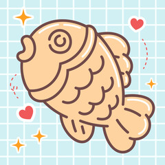 Kawaii food cartoon of taiyaki fish cake vector icon of cute japanese doodle style for kid product, sticker, shirt on blue background flat illustration