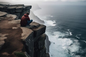 Man sitting on a hill and watching sea