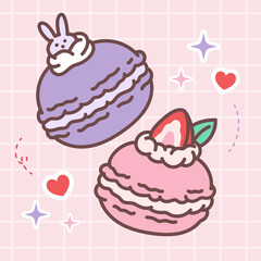 Kawaii food of sweet macaron vector illustration with japanese doodle style for kid product, sticker, shirt with pink background