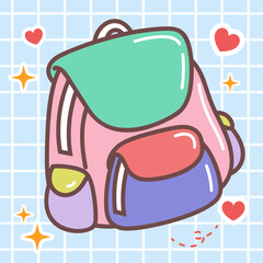 Kawaii sticker of school backpack bag vector icon of cute japanese doodle style for kids product, shirt, wallpaper card flat art illustration