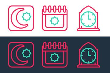 Set line Clock, Star and crescent and Ramadan calendar icon. Vector