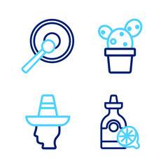 Set line Tequila bottle with lemon, Mexican man sombrero, Cactus or succulent in pot and Gong icon. Vector