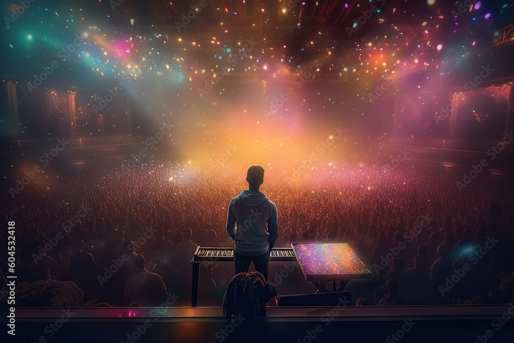Poster a guy who was in front of a crowd and was typing on a keyboard. generative ai