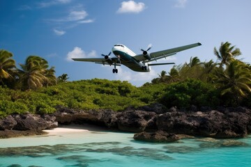 Fototapeta na wymiar Airplane flying over an island created with Generative AI