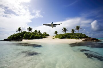 Plane flying through an island