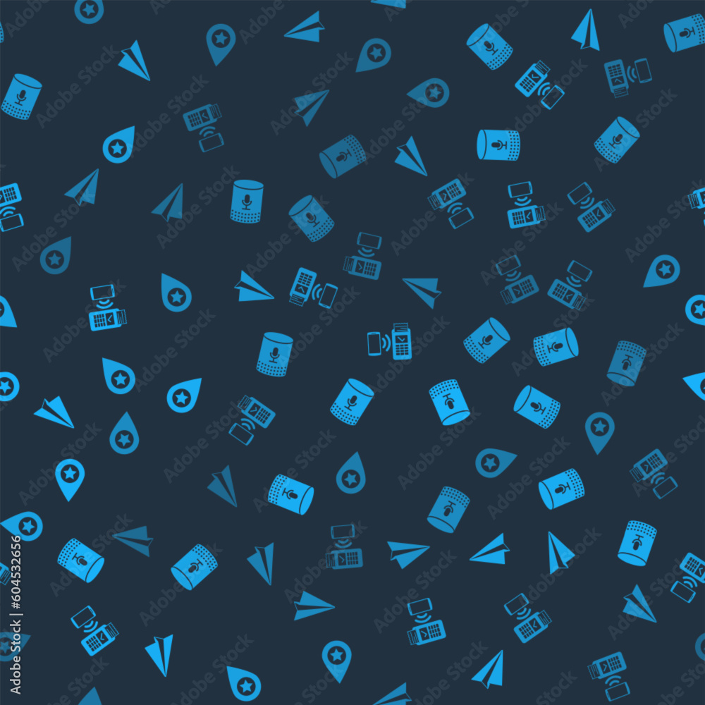 Poster set paper plane, voice assistant, pos terminal and location with star on seamless pattern. vector