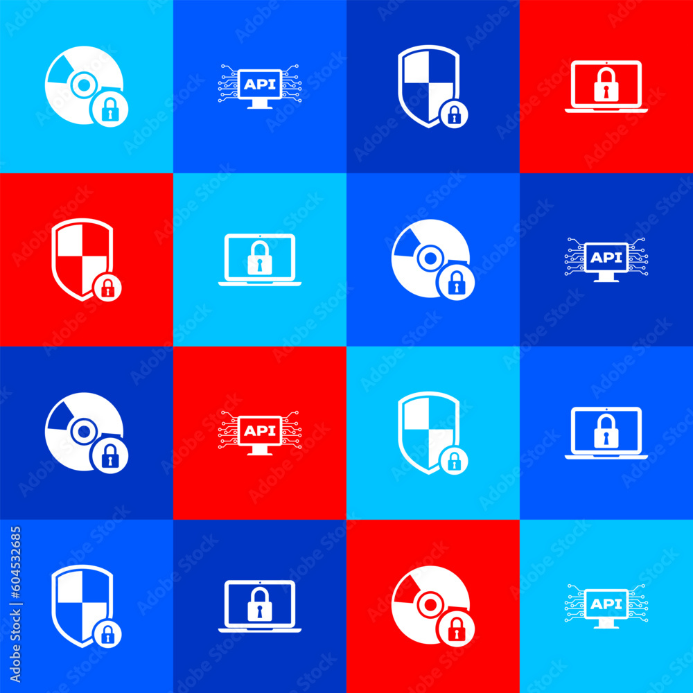 Poster set cd or dvd disk with lock, computer api interface, shield security and laptop and icon. vector