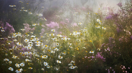Fototapeta na wymiar Background of wildflowers chamomile and purple wild pea with sunlight. Generative AI image