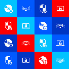 Set CD or DVD disk with lock, Computer api interface, Shield security and Laptop and icon. Vector