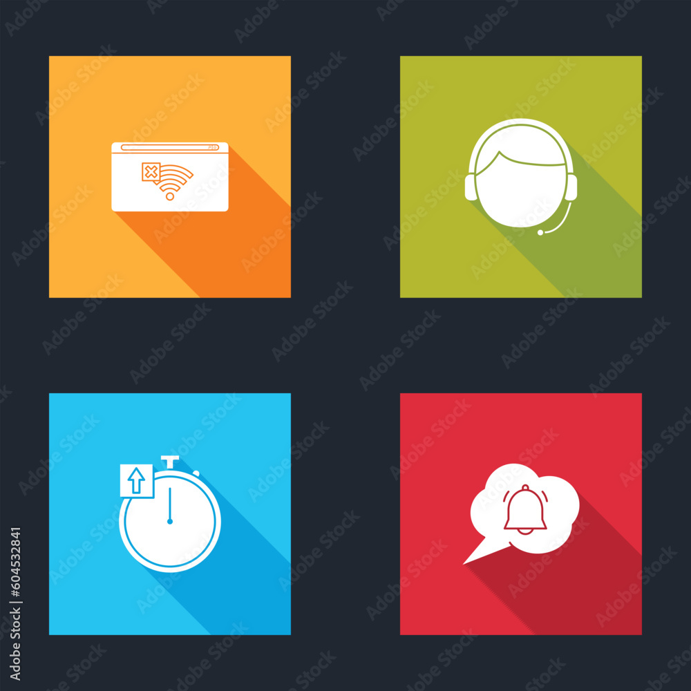 Poster set no internet connection, man with a headset, stopwatch and speech bubble chat notification icon. 