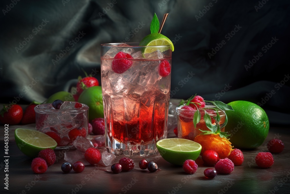 Poster a combination of limeade and raspberry lemonade in a glass. generative ai