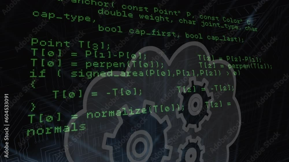 Poster animation of computer data processing over cloud with cogs