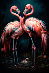 A couple of flamingos standing next to each other. Generative AI