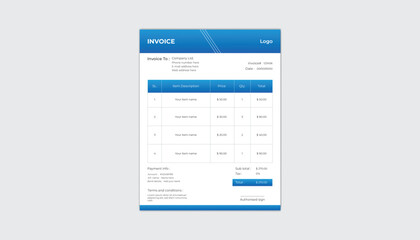 Invoice minimal corporate business design template . Vector illustration .