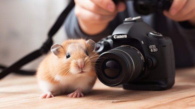 Mouse posing with digital camera created with Generative AI