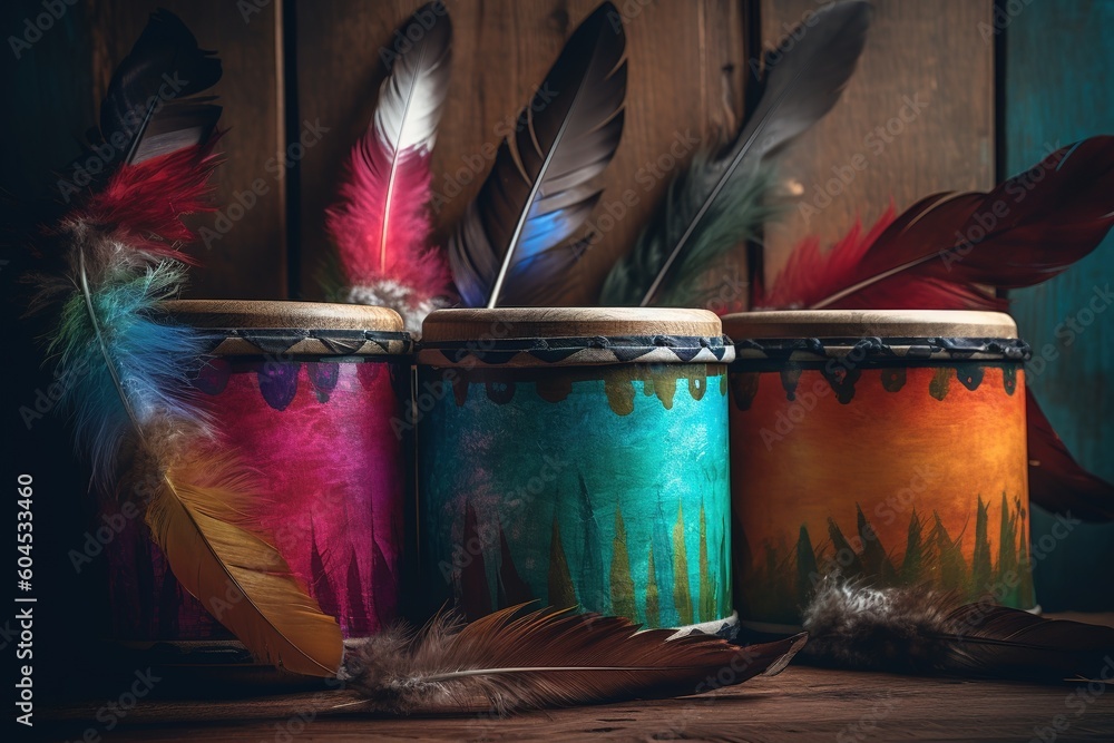 Poster on a table are displayed three brightly colored drums with feathers. generative ai