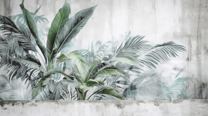 Palm leaves create silhouette against white wall backdrop. Generative AI image