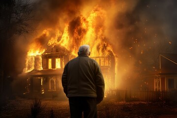 Firefighter old man burning house. Generate Ai