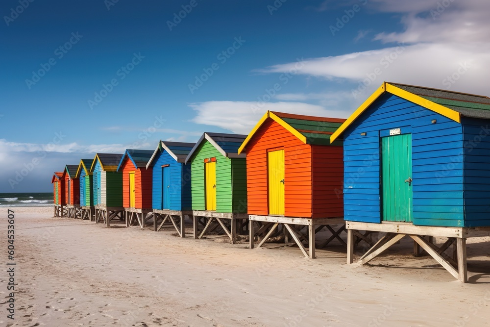 Poster a collection of brightly colored beach shacks lined up in a row on top of a sandy beach Generative AI
