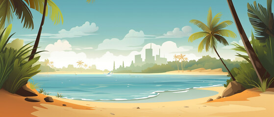 Vector background with tropical oasis with palm trees and sea. Generative AI image