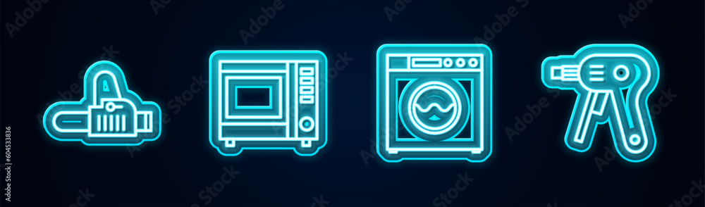 Canvas Prints set line chainsaw, microwave oven, washer and electric hot glue gun. glowing neon icon. vector