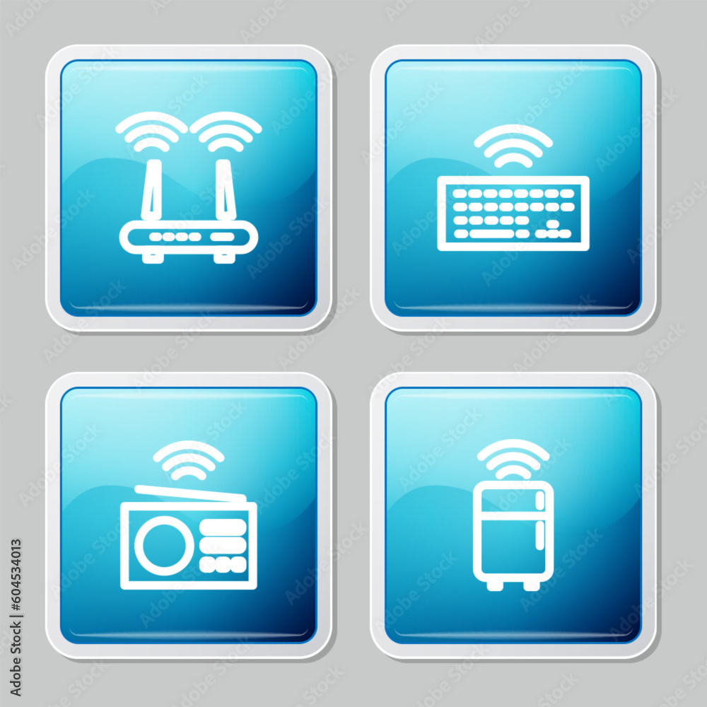 Poster set line router and wi-fi signal, wireless keyboard, smart radio and refrigerator icon. vector