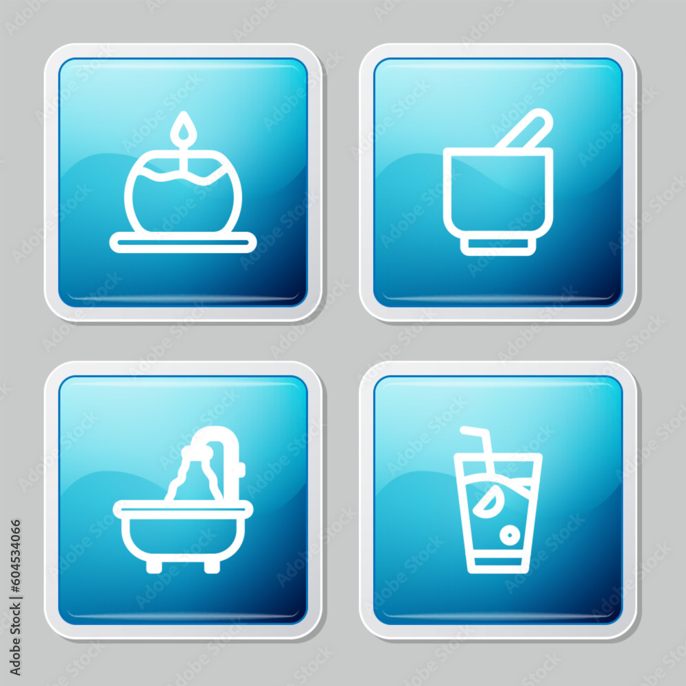 Poster set line aroma candle, mortar pestle, bathtub and fresh smoothie icon. vector