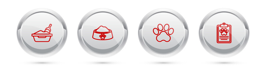 Set line Cat litter tray with shovel, Pet food bowl, Paw print and Clinical record pet. Silver circle button. Vector