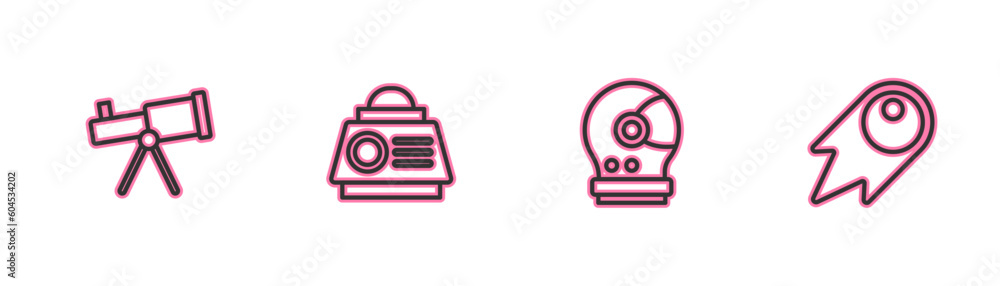 Sticker Set line Telescope, Astronaut helmet, Space capsule and Comet falling down fast icon. Vector