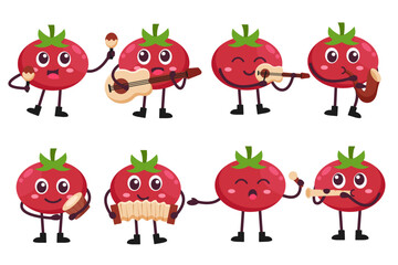 set of cute strawberry musician cartoon vector