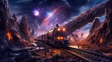 Naklejka premium sci fi train flying through galaxy