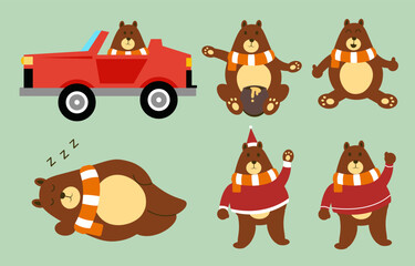Set of brown bear with various characters