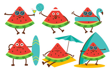 Set of piece of watermelon in various activity in summer vector