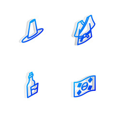 Set Isometric line Kimono, Korean hat, Soju bottle and South flag icon. Vector