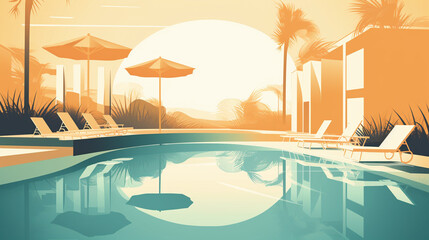 Fototapeta na wymiar Vector illustration of poolside with sunbeds in hotel. Generative AI image