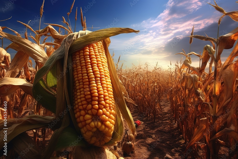 Poster a single corn cob located smack dab in the center of a field generative ai