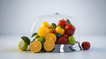 Healthy food, vegetables and meat, transparent cloche and chef hat. White background. Space for text. Generative AI.