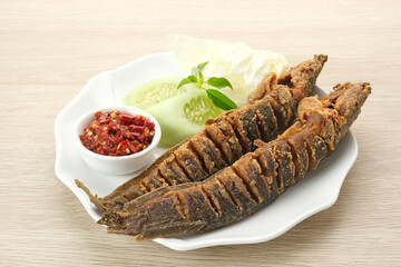 Lele Goreng or Fried Catfish, Indonesian traditional food. Served with chilli paste (sambal), cucumber and cabbage
