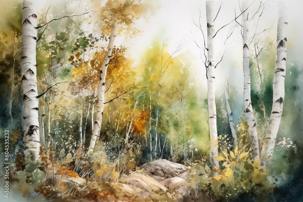 Poster a picture of several rocks and trees in the middle of a forest. generative ai