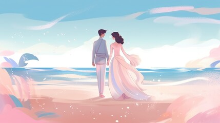 Fototapeta na wymiar dreamy illustration of happy couple on a beach