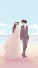 Fototapeta na wymiar a charming and dreamy cartoon-style illustration of a cute and happy wedding couple on a beach