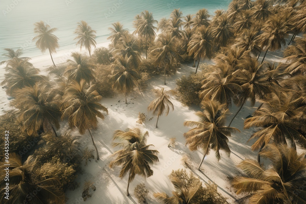 Poster an overhead perspective of a beach that has palm palms generative ai