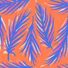 Hand drawn seamless pattern with blue palm leaves monstera leaf, orange girl fabric print. Tropical jungle holiday vacation design, cute summer plant nature bright colorful vibrant. © Marina Lahereva