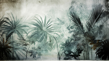 Palm leaves create silhouette against white wall backdrop. Generative AI image