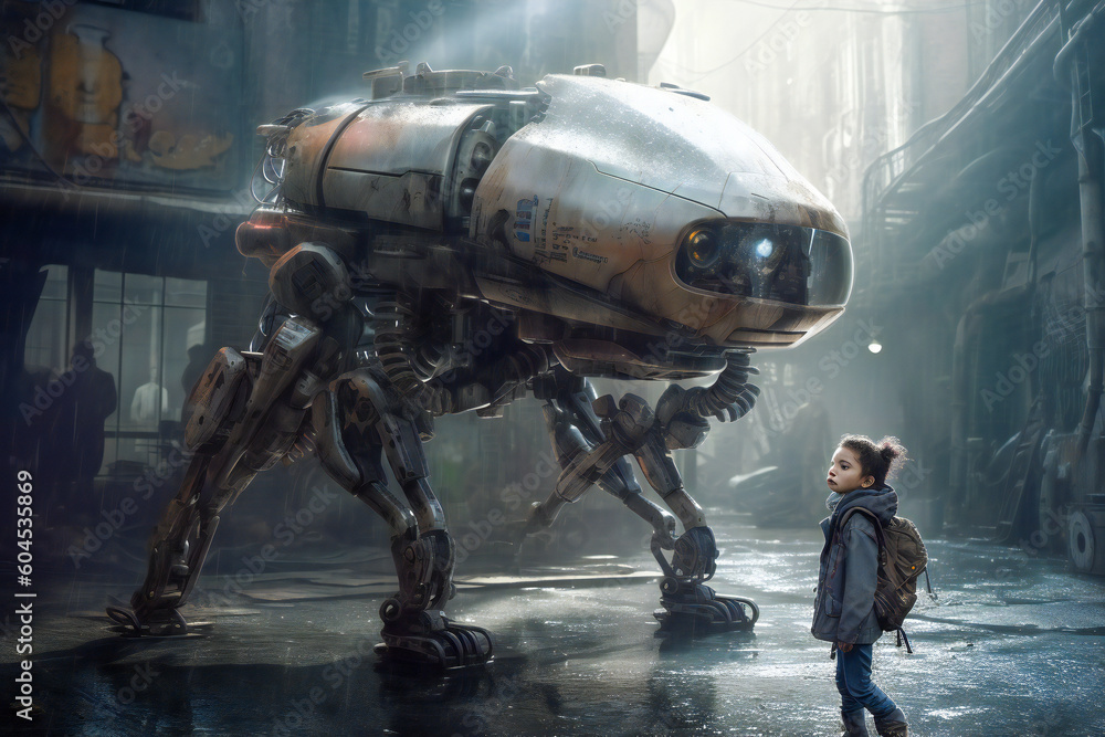 Poster concept illustration of a little girl and a robot in an urban setup. created with generative ai tech