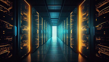 mainframe computer server, digital technology cincept, in dark with lights Generative AI - obrazy, fototapety, plakaty