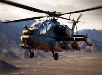Fototapeta na wymiar Military helicopter take-off. Created with Generative AI technology.
