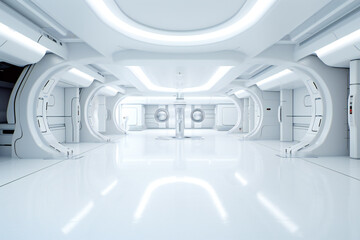 Smooth clean white futuristic interior, science fiction lab or space ship. Created with Generative AI technology. - obrazy, fototapety, plakaty