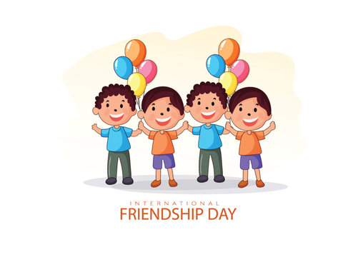 Happy Friendship Day Cute Cartoon Illustration with Young Boys and Girls,  friendship band