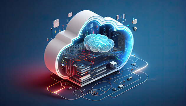 Cloud computing concept, server hardware storage with virtual connections, data flow and symbolic cloud Generative AI